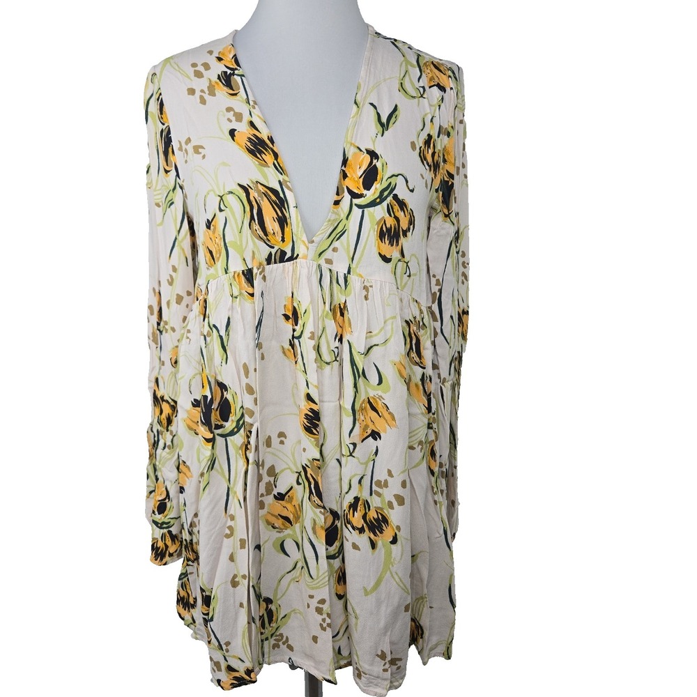Free People‎ Floral Mini Dress Long Sleeve V-neck Size Medium M